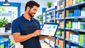 Empreendedor organizando o controle de estoque da sua loja em um sistema de gestão digital