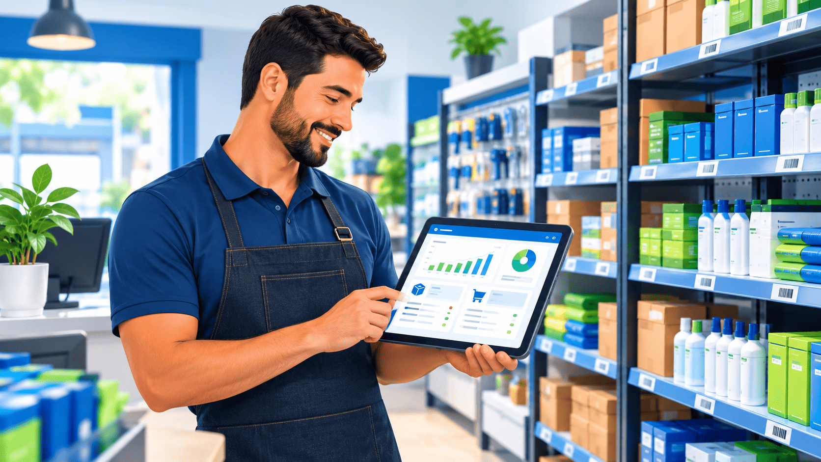 Empreendedor organizando o controle de estoque da sua loja em um sistema de gestão digital
